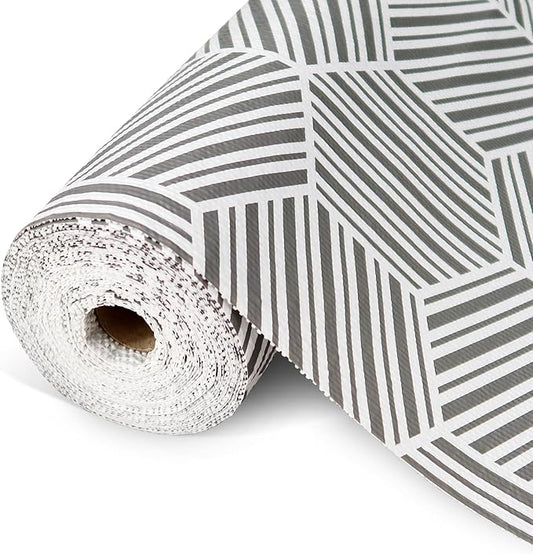Shelf Liner Drawer Liner for Kitchen Cabinet Non-Adhesive Cabinet Liners Thickened Slip Resistant Waterproof Shelf Paper Protect Cupboard Dresser Shelves, Gray Hexagonal Geometric Stripe 11.8In x 10FT