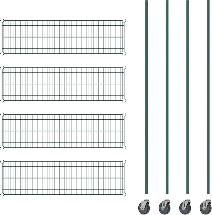 Commercial NSF Listed Green Epoxy Mobile Wire Shelving Kit 14" x 48" x 80", with 4 Shelves Perfect for Warehouse, Walk-in Refrigerator, Freezer, Grocery Store, Restaurant, Dishroom