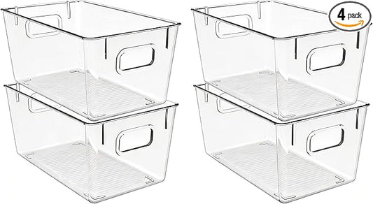 4 Pack Clear Plastic Storage Bins with Handles, Stackable Organizer Containers for Pantry, Fridge, Cabinet, Bathroom, Closet, Under Sink, Kitchen Organization,M
