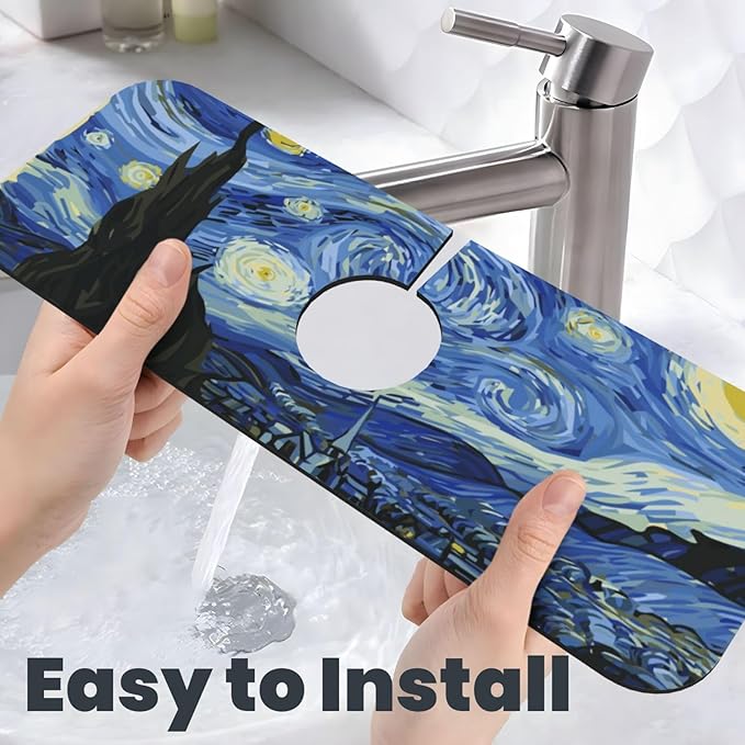 The Starry Night Kitchen Sink Splash Guard Faucet Mat Super Absorbent Fast Drying Mat Sink Gadgets-Fast Drying Pad Sink Mat For Kitchen Bathroom (15" X 5.5" )