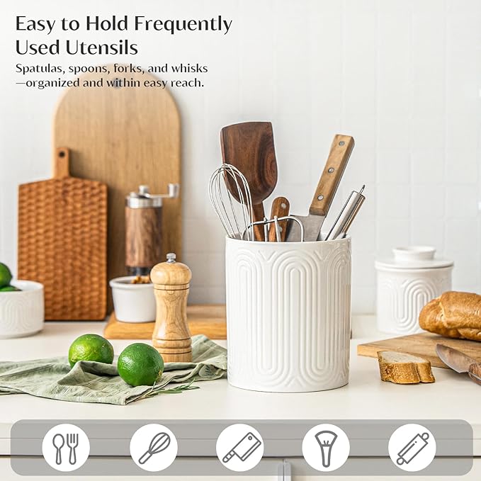 INSETLAN 7.1" Ceramic Utensil Holder, Kitchen Utensil Organizer for Countertop, Arch-Design Utensil Crock for Farmhouse Decor & Kitchen Counter, Perfect Housewarming Gift