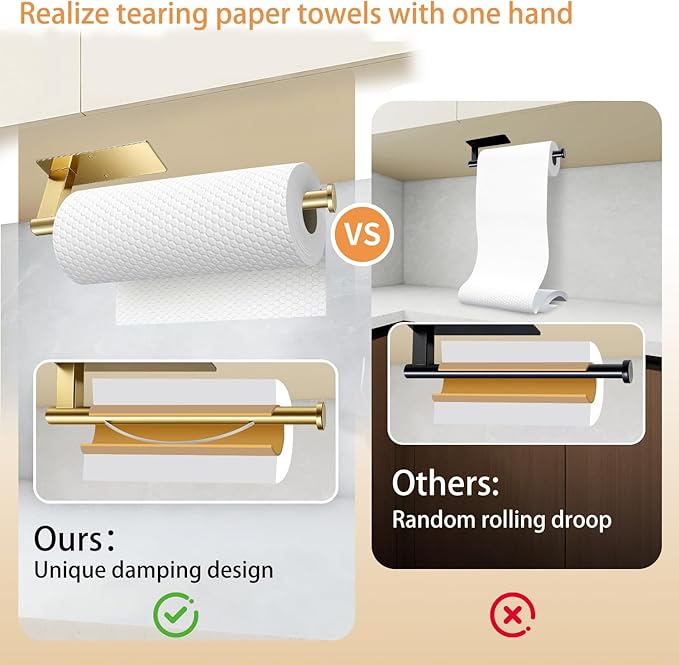 Paper Towel Holder Under Cabinet, Single Hand Operable Tearing Off Paper Towels with Damping Effect, Both Available in Adhesive and Screws, Stainless Steel (Gold)