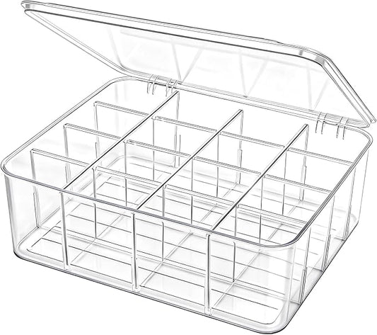 Adjustable Sock Underwear Drawer Organizer Dividers, 16 Grid Clear Tea Bag Holder with Lid, Removable Divided Tie Organizer Box, Plastic Storage Bin for Scarves Bras