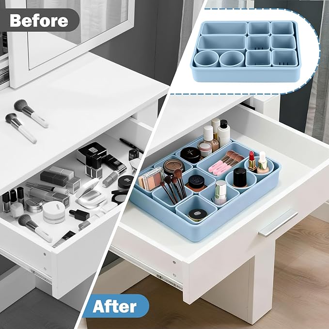 Silicone Makeup Organizer Drawer Set with Clear Lid - Stackable Vanity & Bathroom Drawer Organizer, Adjustable Compartment Desk Drawer Organizer for Cosmetics, Toiletries, Office Supplies