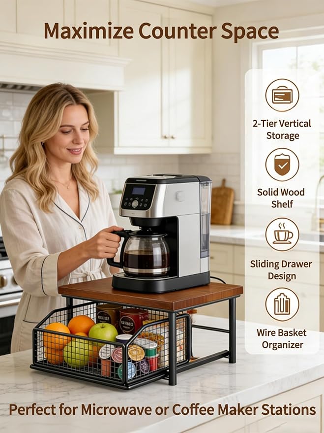 Kitchen Countertop Organizer with Drawer and Wire Basket, Microwave Cart Stand with Sliding Storage Shelf, Space-Saving Counter Organizers Rack, Compact 2-Tier Shelf for Coffee Maker(Wood-Black)