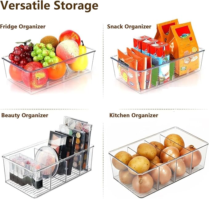 2 Pack Pantry Organizers and Storage,Clear Plastic Organizer Bins for Kitchen,Fridge,Drawer Organization and Storage,4 compartment Snack Containers for Spice Packets,Tea bag