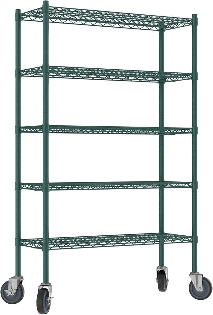Commercial NSF Listed Green Epoxy Mobile Wire Shelving Kit 14" x 36" x 60", with 5 Shelves Perfect for Warehouse, Walk-in Refrigerator, Freezer, Grocery Store, Restaurant, Dishroom