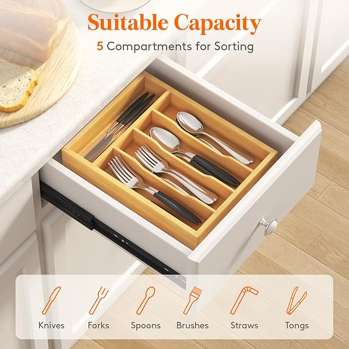 Lifewit Silverware Drawer Organizer, Utensil Tray for Kitchen, 5 Slot Bamboo Flatware and Cutlery Holder, Wood Storage for Spoons Forks Knives, 9.9 x 12.8 Inches, Natural