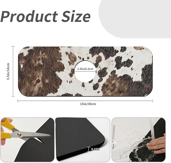 Kitchen Sink Splash Guard，Animal cow skin texture Faucet Mat Sink Gadgets-Super Absorbent Fast Drying Mat Drip Catcher for Kitchen, Bathroom,Sink Mat, Dish Drying Mat, Bathroom(15" X 5.5" )