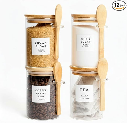 Set of 4 Glass Pantry Storage Containers with lids (17oz) – Glass Sugar Container with Spoon perfect for -Tea, Coffee, Sugar, Spices & More – Stylish Kitchen Food Storage Containers