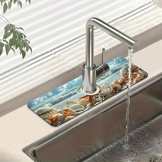 Beach Kitchen Sink Splash Guard Faucet Mat Shells Starfish Waves Super Absorbent Fast Drying Mat Sink Splash Guard Behind Faucet for Kitchen Bathroom, 15.5"x5.5"