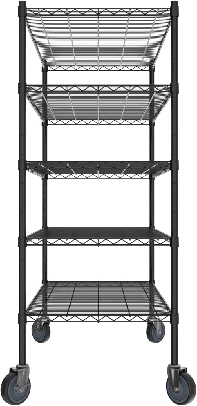 Commercial NSF Listed Black Epoxy Mobile Wire Shelving Kit 24" x 48" x 60", with 5 Shelves Perfect for Warehouse, Walk-in Refrigerator, Freezer, Grocery Store, Restaurant, Dishroom
