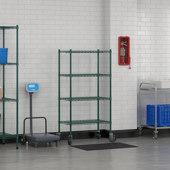 Commercial NSF Listed Green Epoxy Mobile Wire Shelving Kit 18" x 30" x 60", with 4 Shelves Perfect for Warehouse, Walk-in Refrigerator, Freezer, Grocery Store, Restaurant, Dishroom