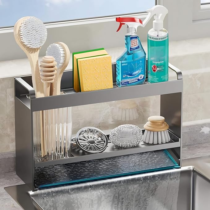 BREIS Sponge Holder for Kitchen Sink, Caddy Organizer with Rag Holder, Countertop Self-Draining Sponge Caddy, Rustproof Sink Storage Rack for Soap Dispenser Storage Accessories (2-Tier Gray)