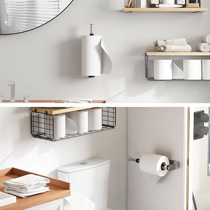 Fixwal Paper Towel Holder Under Cabinet, Single Hand Operable Wall Mount Paper Towel Holder with Damping Effect, Bend-Resistant, Self-Adhesive or Drill Mounting for Kitchen Bathroom, Silver
