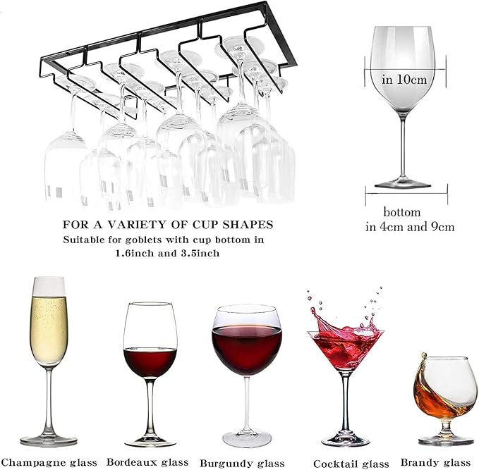 Wine Cup Holder Table Decoration Storage Hanger Metal Organizer for Bar Kitchen Stemware Rack Under Cabinet Stainless Steel Hanger Storage Shelf Black (Black, 4 Rows 2 Packs)