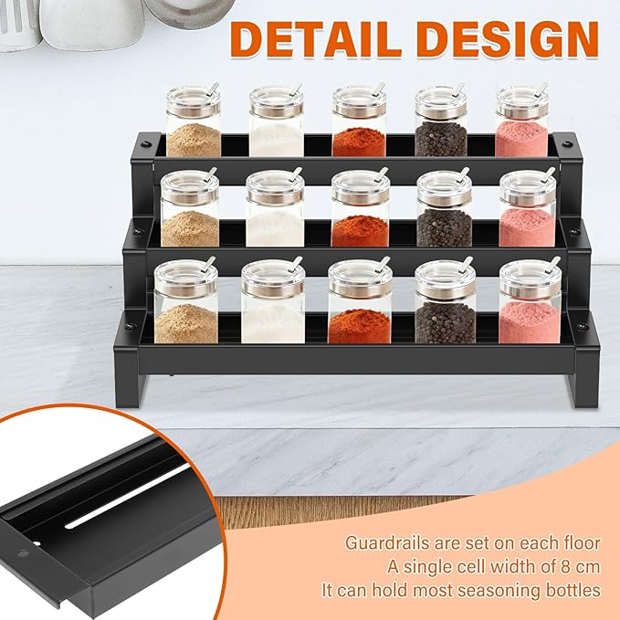 3-Tier Spice Rack Organizer for Cabinet,14.5"-26" Expandable Spice Organize Shelf,Carbon Steel Display Shelf for Jars and Bottles, Seasoning Organizer for Kitchen Pantry Countertop