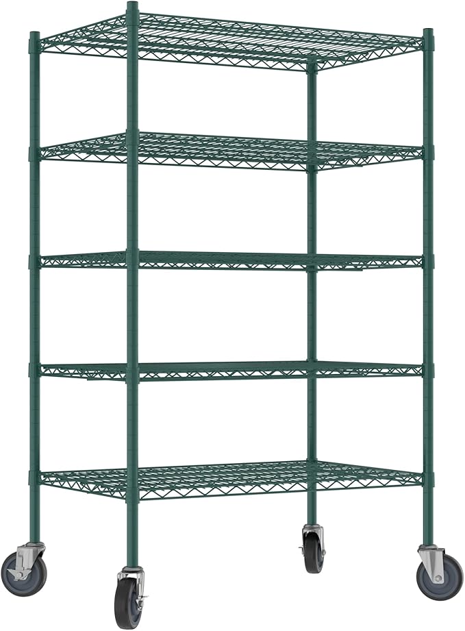 Commercial NSF Listed Green Epoxy Mobile Wire Shelving Kit 24" x 36" x 60", with 5 Shelves Perfect for Warehouse, Walk-in Refrigerator, Freezer, Grocery Store, Restaurant, Dishroom