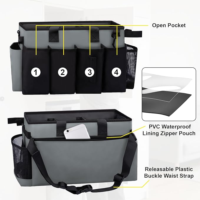 Wigojoy Wearable Large Cleaning Caddy Bag for Housekeeper, Clean Supply Organizer with Adjustable Shoulder, Waist & Handle Straps, Detailing Bag for Kitchen Supplies (Black&Gray)