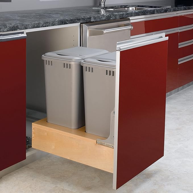 Rev-A-Shelf Double 50-Quart Pullout Under Cabinet Trash Cans with Soft Open & Close Slide System, Metallic Silver, Maple Wood Bottom 4WCBM-2150DM-2