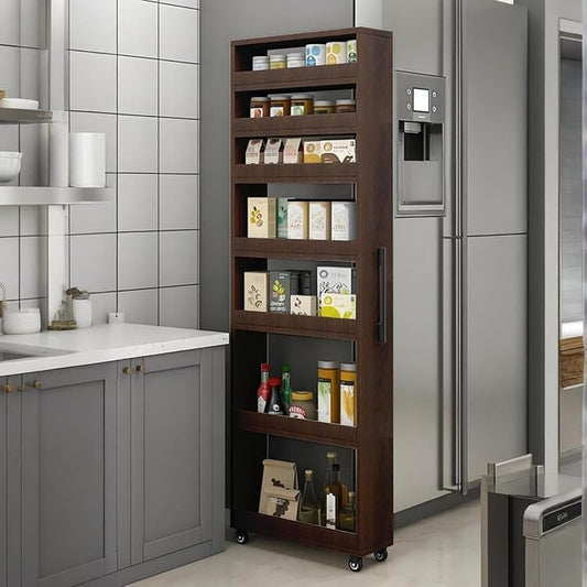 7 Tier Standing-Shelf with Wheels, 5.9/7.9/9.8'', Wooden Slim Storage Cart, Thickened Plate, Scratch-Resistant and Wear-Resistant, for Home, Kitchen, Bakers, Closet, Pantry, Dining Room