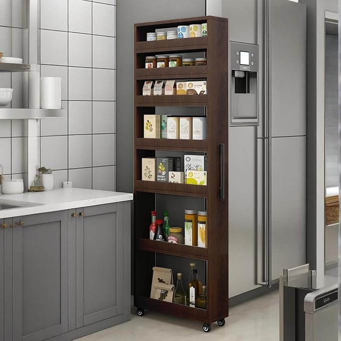7 Tier Standing-Shelf with Wheels, 5.9/7.9/9.8'', Wooden Slim Storage Cart, Thickened Plate, Scratch-Resistant and Wear-Resistant, for Home, Kitchen, Bakers, Closet, Pantry, Dining Room