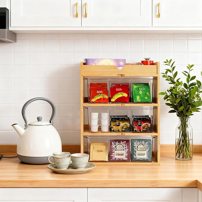 4 Tier Bamboo Tea Bag Storage Organizer, 15.5" x 11" x 5.3" Vertical Tea Packet Rack with Acrylic Drawer, Store Over 180 Tea Bags Wood Tea Station for Creamers Countertop Office Kitchen