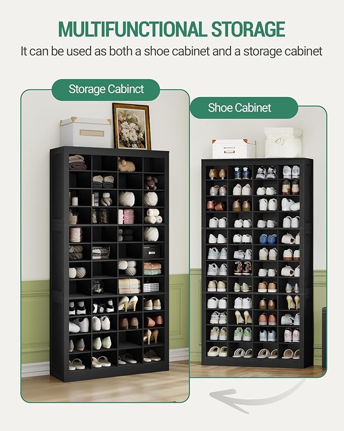 Shoe Storage Cabinet, 48 Pairs Free Standing Closet Organizer, 9 inch Widened Cell Wood Shoe Organizer, 12 Tiers Vertical Space Saving Shoe Rack for Entryway, Cloakroom, Black SR39604X