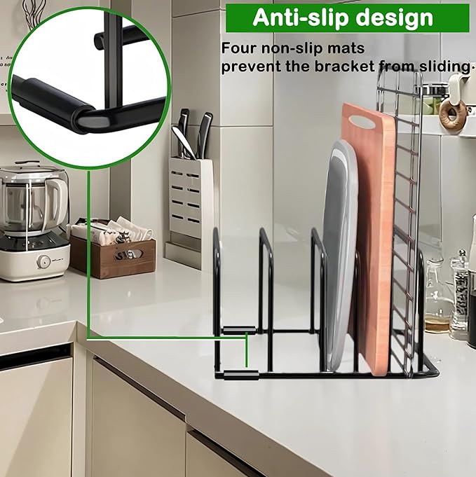 Kitchen Organizer Rack - 5-Slot Heavy Duty Cabinet Storage Organizer for Cutting Boards, Baking Sheets, Pans, Cookie Sheets with Anti-Slip Feet, Countertop or Inside Cabinet (BLACK-X-2 Pack)