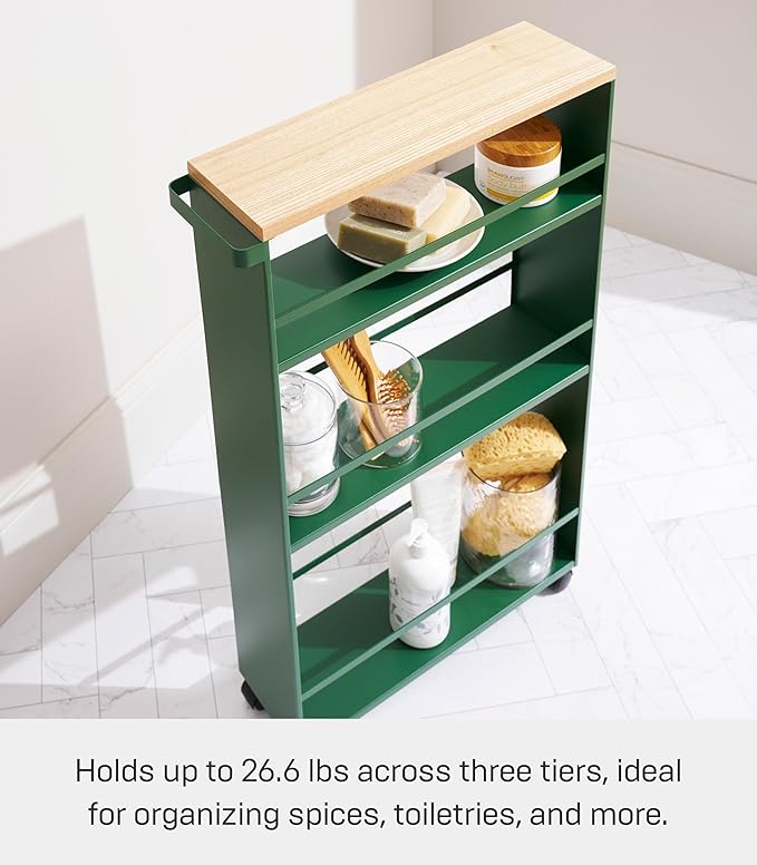 YAMAZAKI Home Slim Rolling Storage Cart – Narrow Kitchen Storage Cabinet with Handle, Slim Storage Cart with Wheels, Easy Assembly, 32" - Steel -