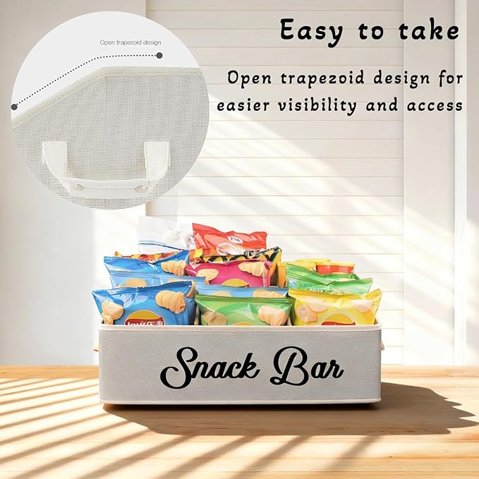 Snack Organizer for Countertop, Snack Basket with Adjustable Compartments via Velcro, 6 Compartment Food Container, Basket for Snacks with PU Handles, Beige