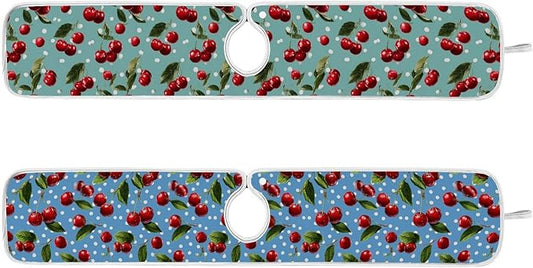2 PCS Kitchen Sink Splash Guard 30 Inch Faucet Mat for Kitchen Sink Bathroom Sink Faucet Absorbing Drip Drain Mat Pad Microfiber Soft Washable Green Blue Cherry and Polka Dots