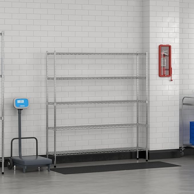 Commercial NSF Listed Chrome Stationary Wire Shelving Kit 12" x 60" x 64", with 5 Shelves Perfect for Warehouse, Walk-in Refrigerator, Freezer, Grocery Store, Restaurant, Dishroom