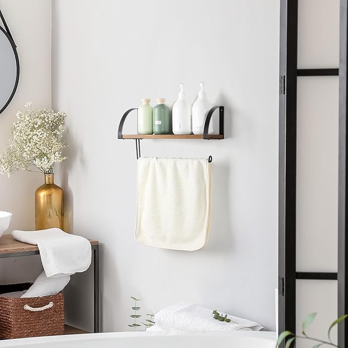 BTY Paper Towel Holder Wall Mount Farmhouse Wood Paper Towel Holder with Shelf Hanging Paper Towel Roll Rack Under Cabinet Spice Rack for Kitchen Bathroom Organizer Rustic Brown