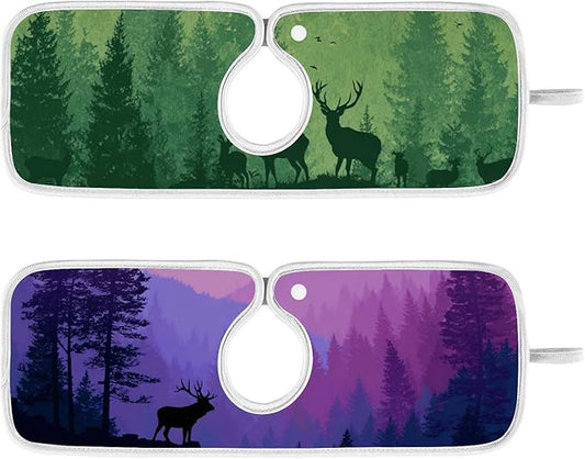 2 PCS Kitchen Sink Splash Guard 14.9 Inch Faucet Mat for Kitchen Sink Bathroom Sink Faucet Absorbing Drip Drain Mat Pad Microfiber Soft Washable Purple and Green Stag Forest Trees