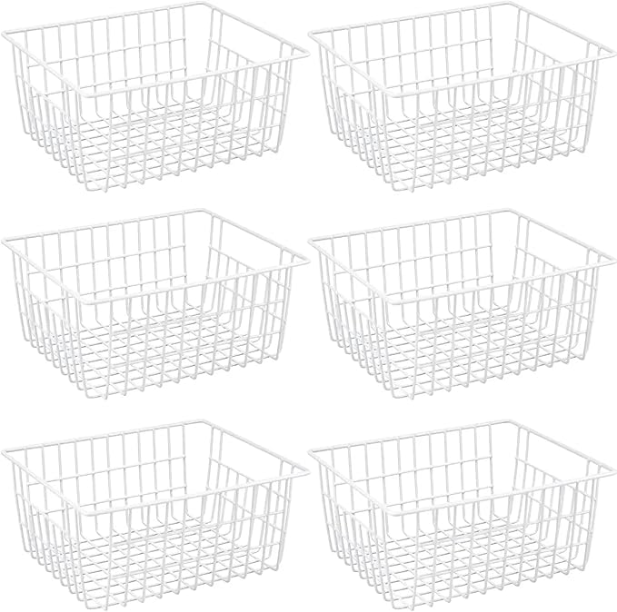 GEDLIRE 15.2" Metal Wire Baskets for Organizing 6 Pack, Household Pantry Storage Freezer Organizer Bins with Handles, Freezer Baskets for Upright Freezer, Refrigerators, Kitchen Cabinets, White