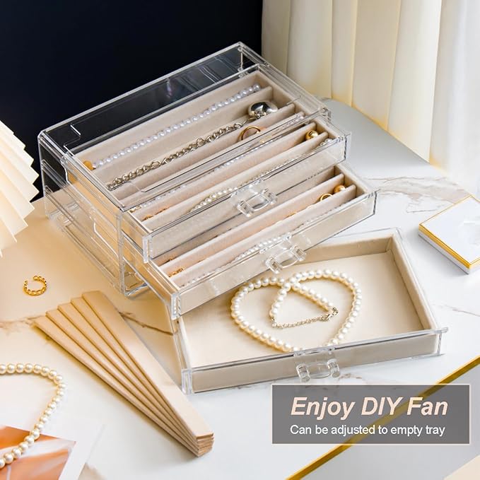 Necklace Holder Organizer, Dustproof Necklace Box Velvet Necklace Organizer Box with Lid Clear Acrylic Dustproof Stackable Jewelry Displays for Necklaces Chain Display (Beige, 5 Drawer)