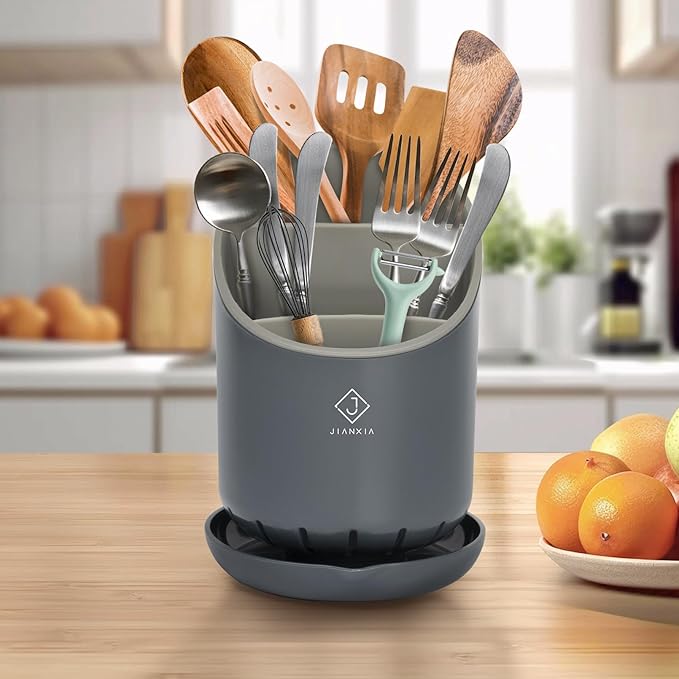 Utensil Drying Holder for Kitchen Counter，Kitchen Utensil Crock with Detachable Base Self Draining Small Utensil Cutlery Flatware Silverware Holder Drainer Cup（Black）