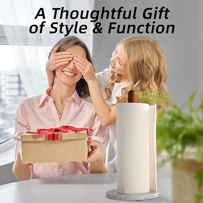 Acacia Wood & Marble Paper Towel Holder – Freestanding Paper Towel Holder for Countertop, Weighted for One-Handed Use, for Kitchen, Bathroom, Office