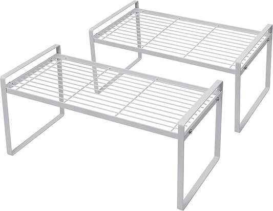 2Pack Cabinet Shelf Organizer Storage Rack Space Saving for Kitchen Counter Pantry Bathroom Cupboard Under Sink Office Table Desk Steel Stackable Rust Resistant Heavy Duty Nonslip 16” White