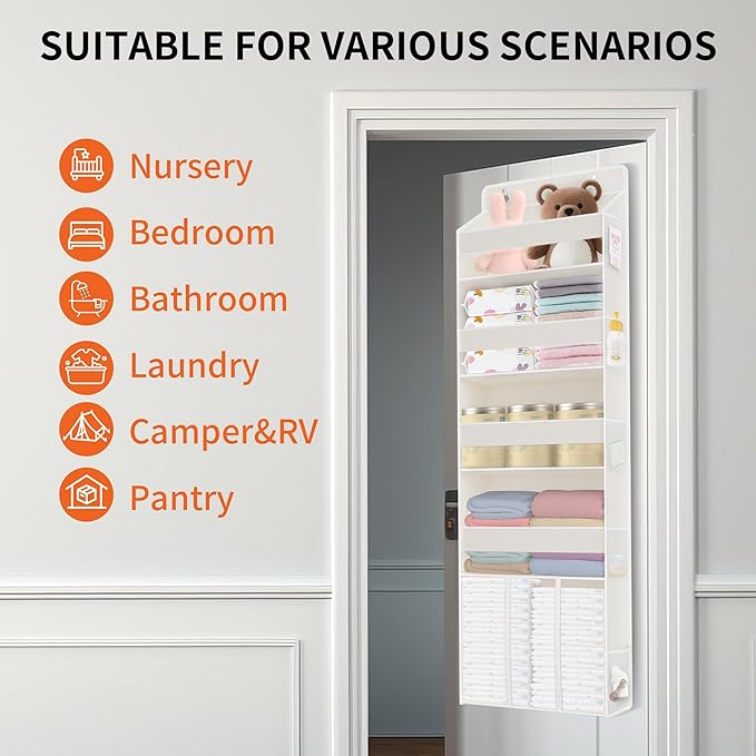 1 PC Over the Door Diaper Organizer with 1 Large Capacity Caddy, 4 Shelf & 10 Mesh Side Pockets, Baby Stuff Hanging Caddy Storage and Newborn Essentials Closet Organizer for Nursery, Bedroom
