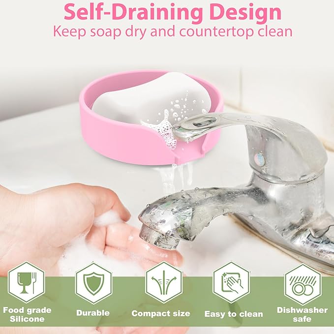 Self Draining Soap Dish, Silicone Soap Holder with Suction Cup and Drain Spout, Kitchen Bathroom Sink Organizer, Dish Soap Bar Tray Savers Sponge Holder, Perfect for Dispenser, Scrubber, Bottle, Cup