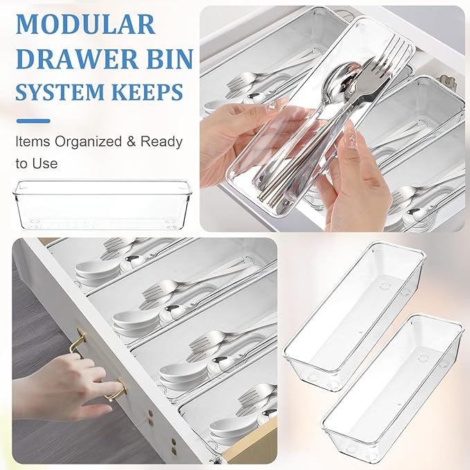 12 Pcs Clear Plastic Drawer Organizer 9 x 3 x 2 Inches Kitchen Bathroom Fridge Utensil Vanity Drawer Organizers Tray Makeup Storage Organizer Drawers Trays for Organization Office