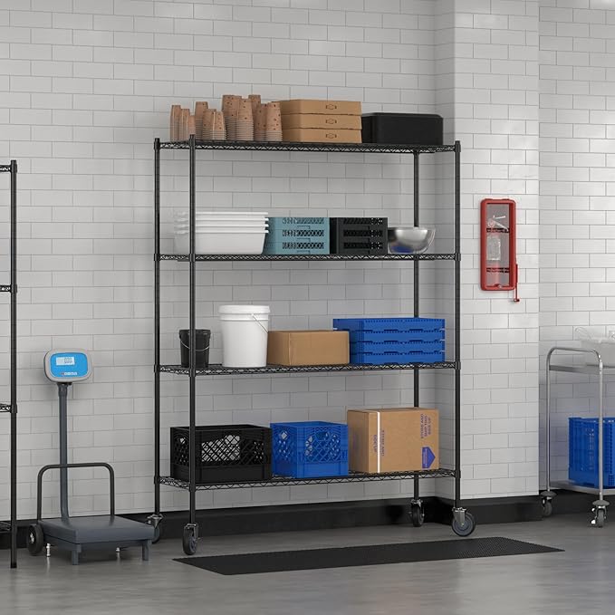 Commercial NSF Listed Black Epoxy Mobile Wire Shelving Kit 18" x 60" x 80", with 4 Shelves Perfect for Warehouse, Walk-in Refrigerator, Freezer, Grocery Store, Restaurant, Dishroom