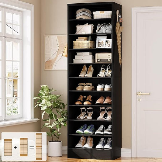Aheaplus Tall Shoe Cabinet, 10 Tiers Narrow Wood Shoe Rack, Shoe Storage Organizer with Open Storage, Vertical Shoe Shelf Tower for 20-22 Pairs, Space Saving, for Closet, Entryway, Bedroom, Black