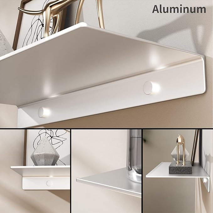 Danpoo Adhesive Floating Shelves for Wall Storage, Metal Wall Shelves for Living Room, Bathroom, Kitchen, 16” Display Shelves for Collectibles(Silver, 2 PCS)