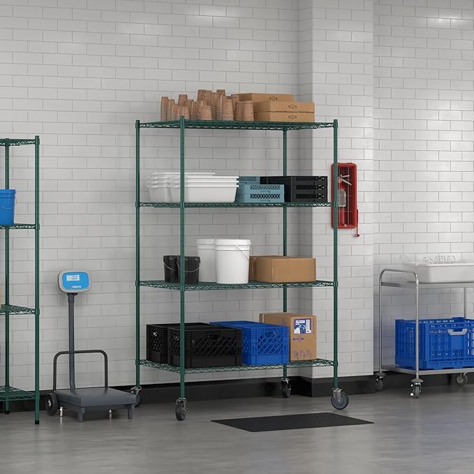 Commercial NSF Listed Green Epoxy Mobile Wire Shelving Kit 30" x 48" x 80", with 4 Shelves Perfect for Warehouse, Walk-in Refrigerator, Freezer, Grocery Store, Restaurant, Dishroom