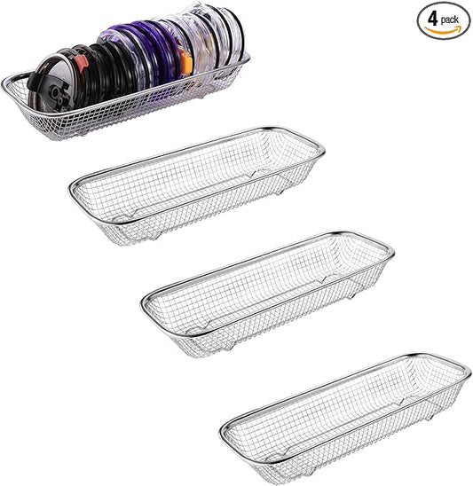 4Pack Stainless Steel Tumbler Cup Lid Organizer Inside Cabinet, Mason Jar Lid Holder, Rectangular Basket for Storage of Silverware, Chopsticks, straws and Utensils