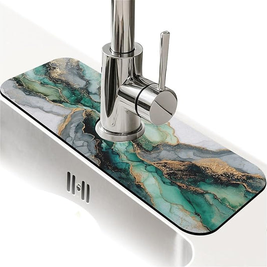 Kitchen Sink Splash Guard，Jade green white marble Faucet Mat Sink Gadgets-Super Absorbent Fast Drying Mat Drip Catcher for Kitchen, Bathroom,Sink Mat, Dish Drying Mat, Bathroom(15" X 5.5" )