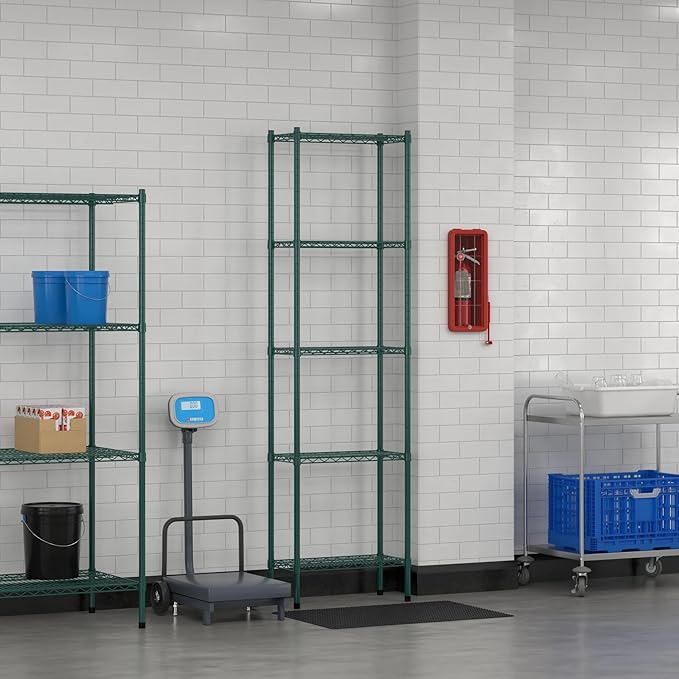 Commercial NSF Listed Green Epoxy Stationary Wire Shelving Kit 12" x 24" x 86", with 5 Shelves Perfect for Warehouse, Walk-in Refrigerator, Freezer, Grocery Store, Restaurant, Dishroom